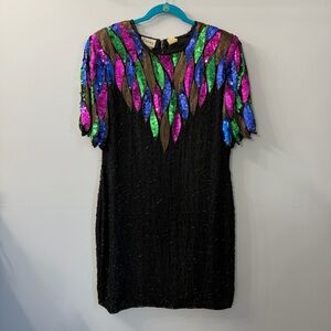 Vintage Stenay Sequins Beaded Feather Black Short Sleeve Silk Dress Size 16
